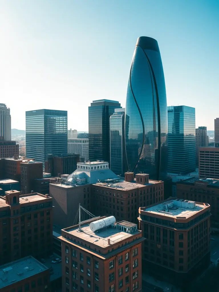 A modern aerial view of downtown Indianapolis, Indiana, showcasing a mix of historic and contemporary buildings under a clear blue sky, symbolizing the blend of tradition and growth in the Indiana market.