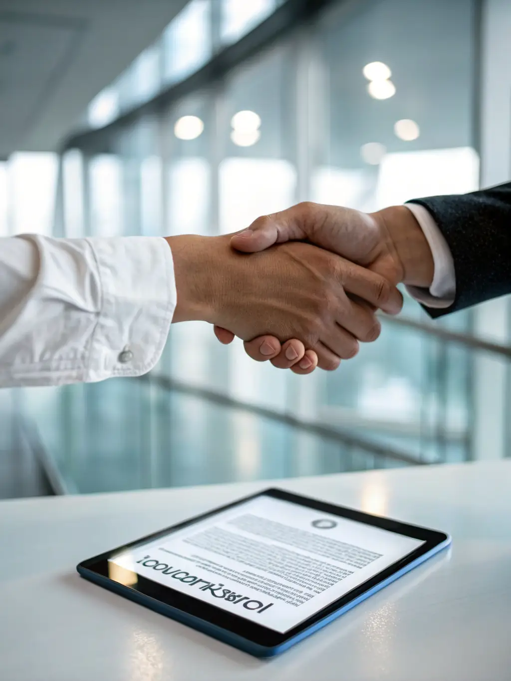A handshake between an investor and a RT Global Capital representative in a modern office setting, representing trust and partnership.