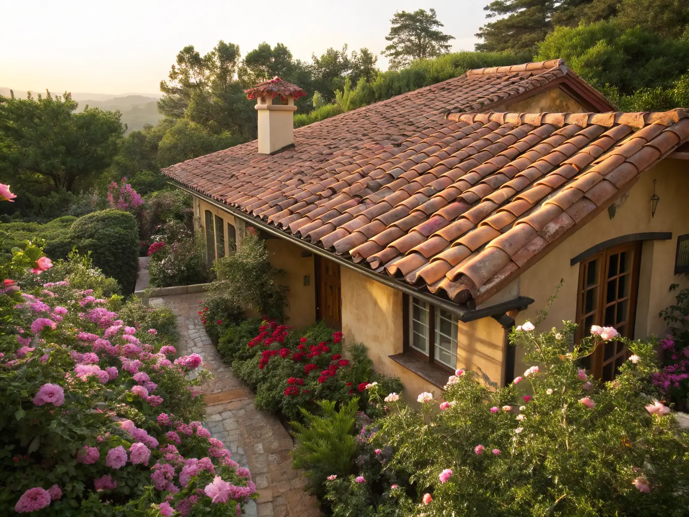 A traditional Portuguese house with a red tile roof in a charming village in Portugal.