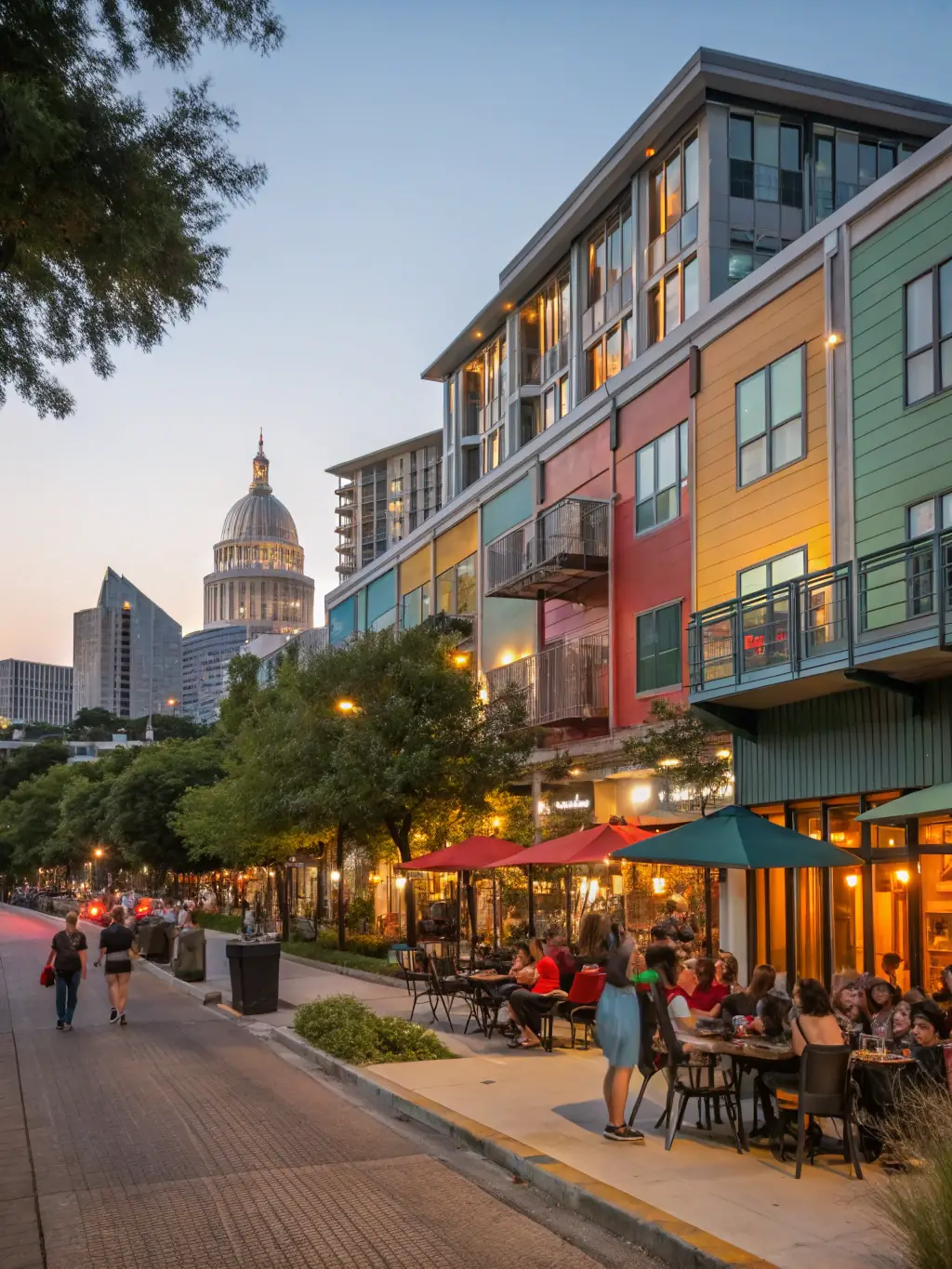 A vibrant street scene in Austin, Texas, with modern apartments and bustling businesses, reflecting the dynamic growth and tech-driven economy of the Texas market.
